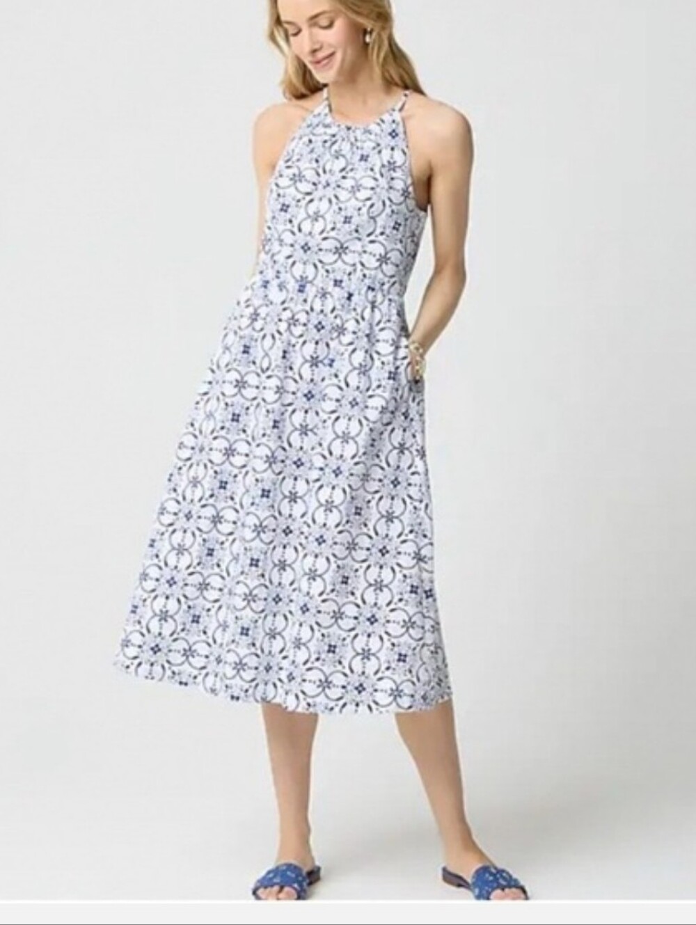 J.Crew Factory Strappy poplin halter dress blue white 0 $128 CK721